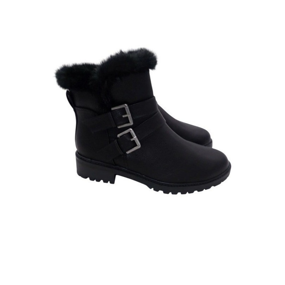 Black Faux Fur Trim Buckle Moto‎ Boots Women Winter Warm Fashion